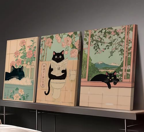 ZWTJPLN Japanese Ukiyo-e Style Black Cat Bathroom Canvas Wall Art Set (8x11/12x16Inches) - 3-Piece Funny Cat Decor for Restroom, Toilet & Home - color: Funny Cat, size: 10L" x 8W"Canvas