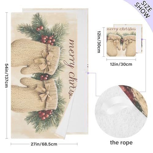 AIXIWAWA Bath Towel Set Christmas Glove Print, 2 Pieces Large Cotton Towels Soft Absorbent for Bathroom Facial Body Cleaning Drying Towels