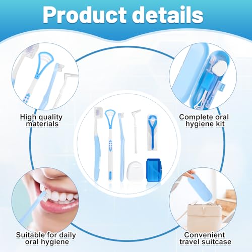 7-in-1 Travel Oral Care Kit with Case – Toothbrush, Tongue Scraper, Wisdom Toothbrush, Dental Floss, Floss Threaders, Interdental Brush, Dental Wax, Portable Hygiene Set for Daily Use Travel (Blue) - color: Blue