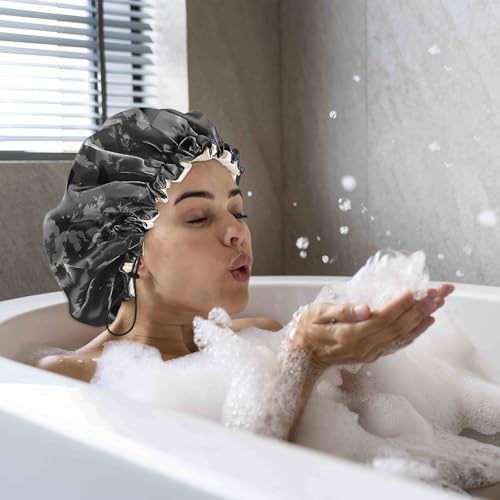 Luxury Shower Cap Satin Silk Lined Adjustable Elastic Reusable Waterproof Shower Bath Cap Cute for Women Girls-Black Bat - color: AK5-Black Bat