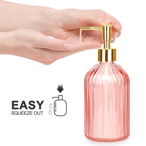 Haturi Bathroom Accessories Set, 4 Pcs Pink Glass Bathroom Accessories Sets Complete w/Lotion Soap Dispenser, Toothbrush Holder, Apothecary Jar, Vanity Tray, Bathroom Decor, Gift for Home Apartment - style: Pink