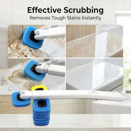Disposable Toilet Bowl Brush with 12 Refills, Plastic Handle, Blue and Yellow, Dual-Color Sponge Heads, Toilet Cleaning Starter Kit (Plastic Handle with 12 Refills)