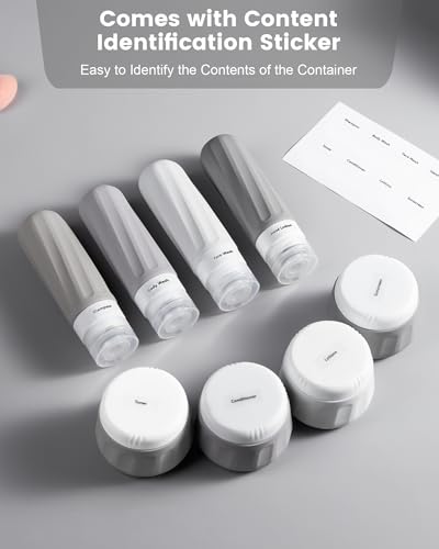 Mrsdry Travel Size Toiletries 8 Pack, TSA Approved 3oz Silicone Squeeze Bottles & Cream Jars with Clear Travel Bag - color: Proper Gray, size: 3oz bottle 3oz jar