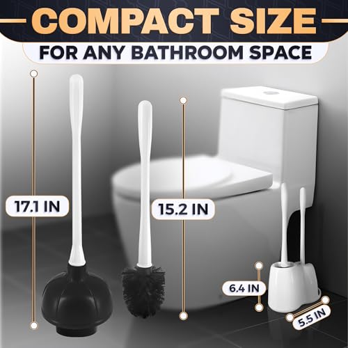 2 in 1 Toilet Plunger and Brush Set White - Toilet Brush and Plunger Set White with Stiff Bristles, Strong Vacuum Suction and Holder - Space-Saving Stand, Fits Most Standard Toilets, 9.3×6.3×15.2 inch - color: White