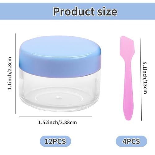 12 Pcs 15ml/0.5oz Small Travel Containers, 4 Pcs Makeup Spatula, Clear Plastic Cosmetic Jar Refillable Roun for Lotion Cream Products Sample Bottles, Plastic with Screw on Lid Container (blue) - color: blue
