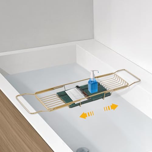 Stainless Steel Bathtub Tray with Removable Marble Board,Extendable Rectangular Bathtub Tray,Adjustable Bath Caddy Board for for Bath Bombs, Spa, Shower (Golden+Green) - color: Golden+green