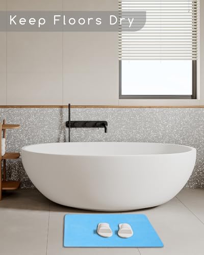 Stone Bath Mat 24"x16" - Diatomaceous Earth Shower Mat, Quick Dry, Anti-Slip, Modern Design with Bonus Non-Slip Pad - Perfect for Home Safety and Style, (Blue) - color: Blue