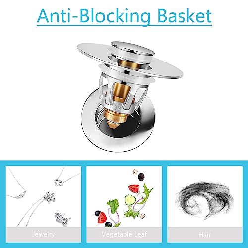 Universal Sink Stopper with Hair Catcher, Faster Drainage, Bathroom Sink Drain Strainer in Brass, Pop Up Drain Cover, Basin Plug for 1.04~1.97 Inch Drain Hole - color: 1.04-1.97" Single Piece