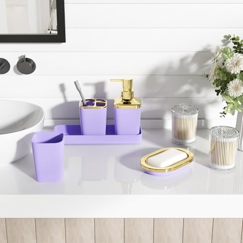 XLHOMO Bathroom Accessories Set - 25PC Bathroom Set with Shower Curtain and Rugs, Purple Bathroom Set, Bathroom Accessory Set with Press-on Lid Trash Can, Soap Dispenser and Qtip Holders - color: Purple & Gold, size: Plaid Complete Set + Bath Rugs