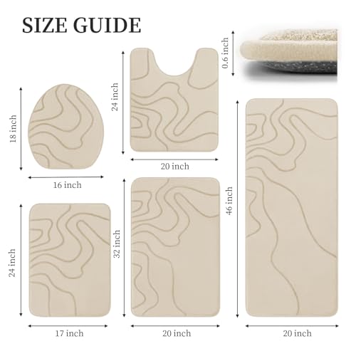 YIHOUSE Memory Foam Bathroom Rugs Sets 5 Piece - Extra Thick Ultra Soft Absorbent Bath Mat Set, Non-Slip Machine Washable Bath Rugs for Bathroom, Tub & Shower, Home Decor Accessories, Beige - color: Beige, size: 1'5" x 3'10" (5 pieces)