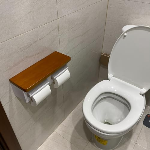 White Double Toilet Paper Holder with Wooden, White Wall Mounted Toilet Paper Holder with Wood Shelf, Bamboo Toilet Paper Holder with Phone Shelf - color: Wood Brown&white, size: Full