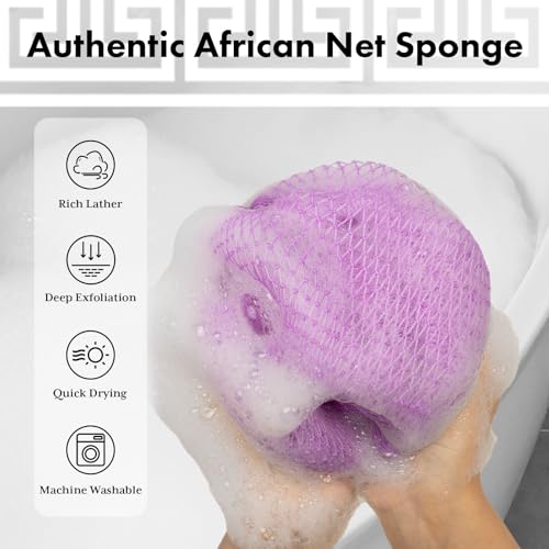 Bathway African Net Sponge Authentic with Handles (Set of 2), African Exfoliating Net Sponge, Exfoliating Body Scrubber Bath Sponge - Bathing Accessories with Storage Bag (Light Purple & Deep Purple) - color: Light Purple & Deep Purple
