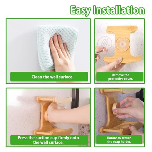 Suction Cup Soap Dish for Shower，Bamboo Soap Dish Holder for Shower, Suction Cup NO-Drilling, Self Draining for Bathroom，Natural Bamboo Color (Double soap Holder, Rectangular)