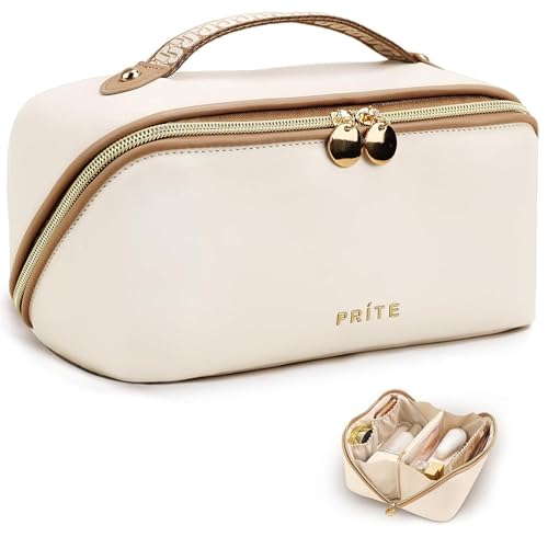 Prite Makeup Bag Travel Toiletry Bag Open Flat Cosmetic Organizer for Women | Clear Divider, 2 Compartments, Waterproof, Vegan Leather, Elastic Slot, Handle, Lightweight, Large Capacity, Easy Clean - color: Beige, size: Large