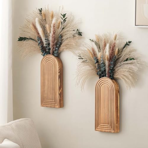 2 Pack Wooden Wall Vase Set with Pampas Grass Eucalyptus, Modern Farmhouse Boho Wall Decor for Living Room, Entryway, Hallway, Bathroom, Dining Room, Brown Wall Art for Home Decoration - color: Brown With Dry Flowers
