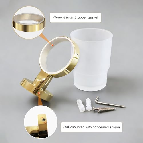 Toothbrush Holder with Frosted Glass Cup, Stainless Steel Wall Mounted Mouthwash Tumbler Holder for Bathroom, Toothpaste & Toothbrush Organizer, Brushed Gold - color: Gold