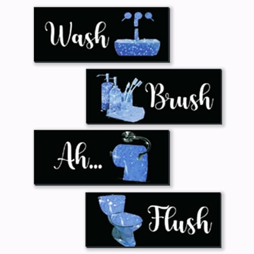 4 Pcs Blue Bathroom Decor Funny Blue And Black Wall Art Wooden Bathroom Accessories Modern Glitter for Home Toilet Decoration 10x4 Inches - color: Blue, size: 10 X 4 Inch