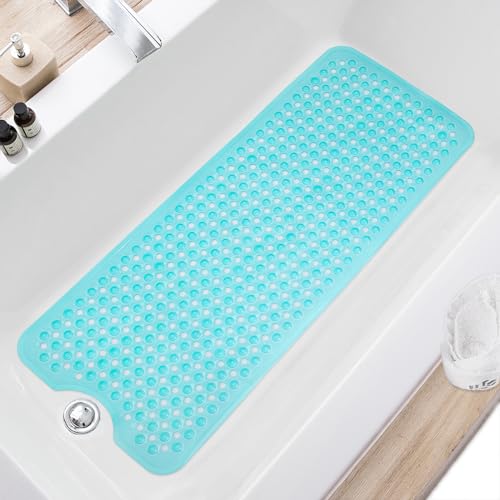 TEESHLY Bath Tub and Shower Mats, Non Slip 40 x 16 Inch Extra Large Bathtub Mat, Machine Washable Bathmat with Drain Holes, Suction Cups for Bathroom Floor, Clear Turquoise - color: Turquoise (Translucent)
