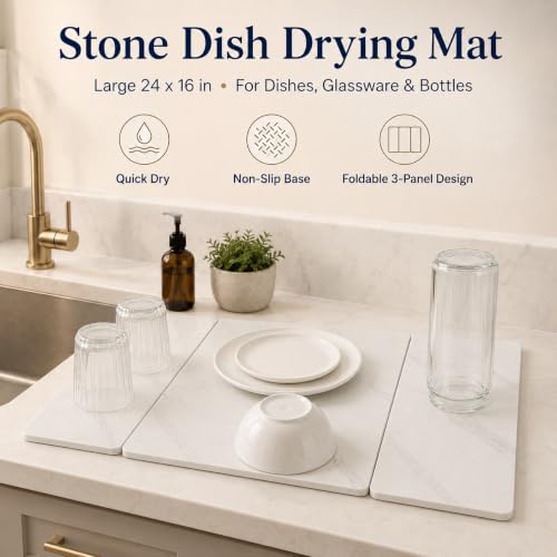 Stone Dish Drying Mat 24" x 16" – Dish Drying Stone Mat – Large Diatomaceous Earth Drying Mat with Non-Slip Base – Quick Dry Kitchen Drying Pad for Dishes, Glassware & Bottles 3 Folded Marbeled White - color: 3 Folded Marbeled White