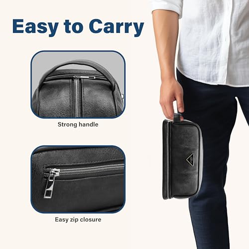 emissary Leather Travel Toiletry Bag for Men, Dopp Kit - Black | Water-resistant leather, large capacity + organizer pockets; refined men's travel Dopp kit, carry-on ready - color: Black
