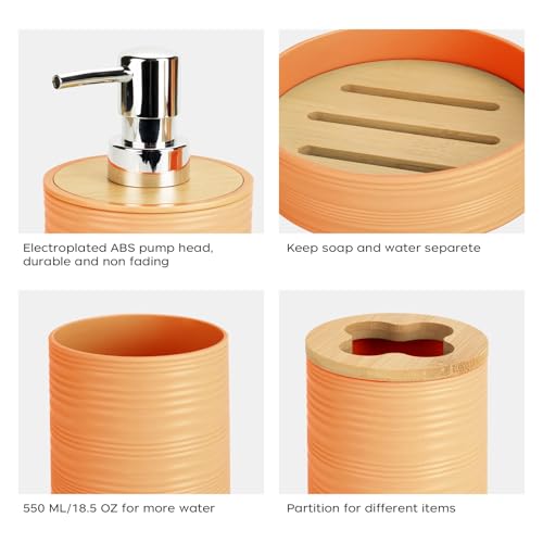 4 PCS Yellow Bathroom Accessories Set, Includes a Soap Dispenser, Toothbrush Holder, Soap Dish and Mouthwash Cup, Plastics & Bamboo Bathroom Set, Bohemian Style Bathroom Sink Set - color: Yellow, size: 4 PCS