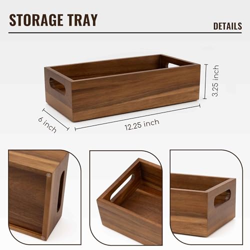 Natural Acacia Hardwood Bathroom Tray with Handles for Organizing Toiletries and Accessories - 12.25L x 6W in on Countertop, Shelf, or Tank Top Storage - size: 12.2" x 6" x 3.3"
