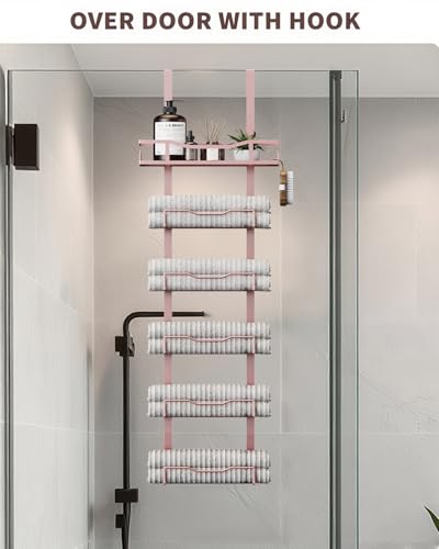 Hanging Towel Racks for Bathroom No Drill - 6-Tier Over The Door Bath Towel Storage Organizer for Small Bathrooms - Tiered Back of Door Towel Holder Hanger for Rolled Towels RV Camper Rose Gold - color: Rose Gold, size: 6 tier