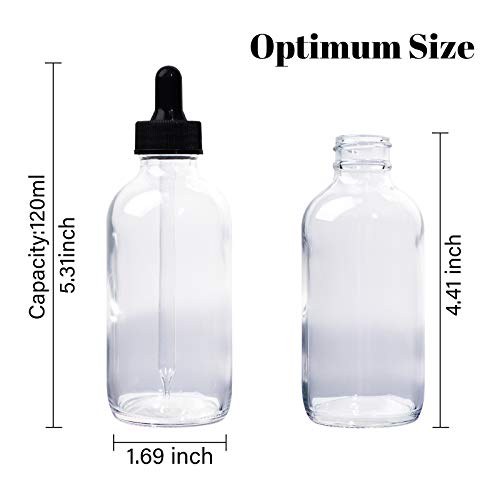 12 Pack 4oz Clear Glass Bottles with Glass Eye Droppers for Essential Oils, Perfumes & Lab Chemicals (1 Brush, 2 Funnels, 2 Extra Droppers, 24 Pieces Labels & 30ml Measuring Cup Included) - color: Clear