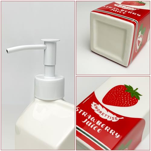 Ceramic Strawberry Dish Hand Soap Dispenser Pump Bottle Bathroom Kitchen | Cute Funny Design, Refillable, Reusable, 300ml/10oz - color: Strawberry