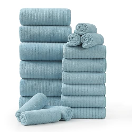 18 Piece Family Bath Towel Set Include 6 Bath Towels,6 Hand Towels and 6 Washcloths Soft Bathroom Towel with Hanging Loops,Highly Absorbent Quick Dry Towels Set for Bathroom,Hotel and Spa-Turquoise - color: Turquoise, size: 18-Piece Set