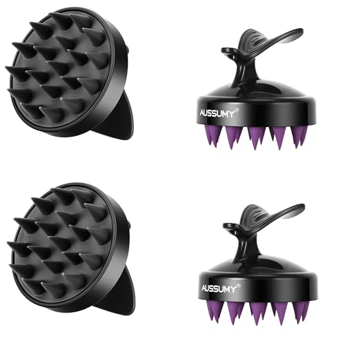 Scalp Massager Shampoo Brush - 4-Pack Scalp Scrubber with Soft Silicone Bristles for Hair Growth & Dandruff Removal & Exfoliator - Ideal for Body Shower & Head Washing for Women Men & Kids - color: Black+purple+black+purple