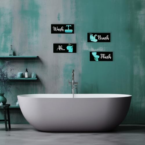 4 Pcs Teal Bathroom Decor Funny Teal And Black Bathroom Decor Wooden Modern Funny Glitter for Home Toilet Decoration(10x4") - color: Teal, size: 10 X 4 Inch
