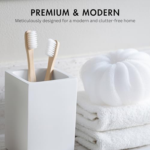 Yew Design Matte White Toothbrush and Toothpaste Holder for Bathroom Vanity and Countertop, Square Organizer for Electric Toothbrushes, Floss, Razors, Cotton, and Mouthwash - color: Square Matte White