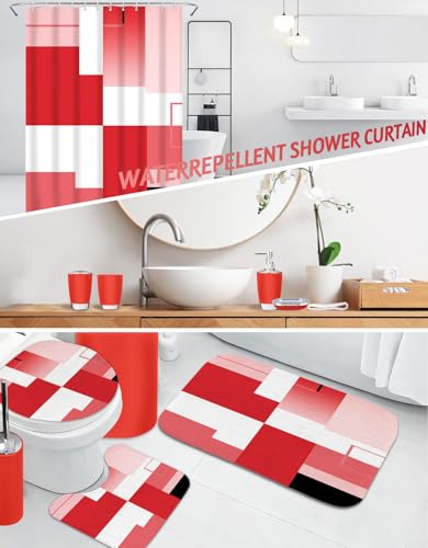Lnond Red Bathroom Set, 22-Piece Red Geometry Bathroom Decor Set with with Shower Curtain and Rugs, Trash Can, Toilet Brush Holder Set & Soap Dispenser - style: Red White Geometric