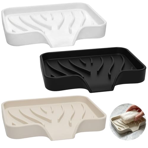 3 Pack Silicone Soap Holder, Self Draining Bar Soap Dish,Non-Slip Soft Soap Tray for Kitchen Sink Organizer, Shower & Bathroom Accessories, Keep Soap Dry, Fast Air Dry (Black, White, Beige)