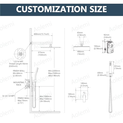 Aolemi Shower Faucet Set Rain Shower System with Handheld Spray Bathroom Shower Combo Rough-in Valve and Shower Trim Kit Included Matte Black 16 Inch Wall Mount Shower Head - color: Matte Black, size: 16 Inch Wall Mount Shower Head