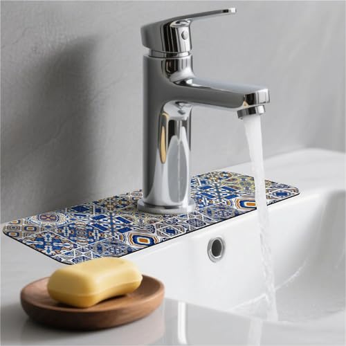 Kitchen Sink Splash Guard，Traditional Moroccan tiles Faucet Mat Sink Gadgets-Super Absorbent Fast Drying Mat Drip Catcher for Kitchen, Bathroom,Sink Mat, Dish Drying Mat, Bathroom(15" X 5.5" ) - color: Traditional Moroccan tiles