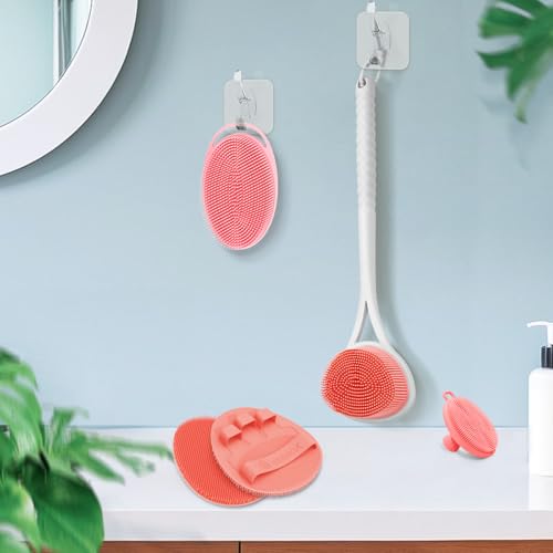Silicone Back Body Face Scrubbers Set 4PCS, 15.35’’ Back Scrubber Soft Body Scrubber for Dual-Side Usage, Easy-to-Hold Soft Bath Glove & Face Scrubber for Good Foaming Deep Cleaning(Pink) - color: Pink*4
