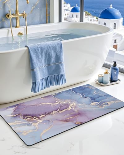 DEXI Bathroom Mat Ultra Thin, 43x24 Non Slip Bath Rug for Shower Floor, Absorbent Quick Dry Marble Bathmats Low Profile, Blue and Purple - color: Blue and Purple, size: 43" X 24" (Rectangular)