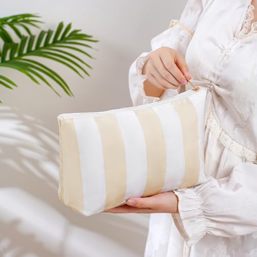 RSRSLEII Large Waterproof Travel Striped Makeup Bag, Aesthetic PVC Toiletry Bag, Coquette Cosmetic Bag, Sunscreen Accessories Storage Organization, Beach Travel Purse(Yellow) - color: Yellow