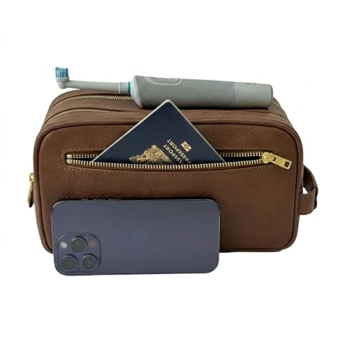 Toiletries bag for men, Premium PU Leather Travel Kit, Metal Zippers & Bottom Studs, Velvet Dust Bag & Shape-Retention Packaging – Gift Ready For Groomsmen, Anniversary, Birthday Gifts / BROWN - color: BROWN
