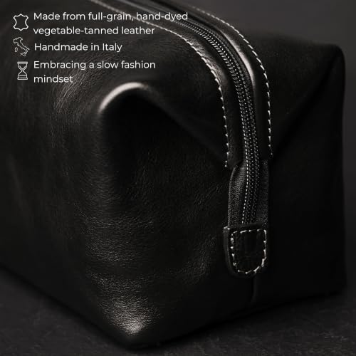 Time Resistance Leather Toiletry Bag - Italian Cosmetic Case Dopp Kit (Black) - color: Black
