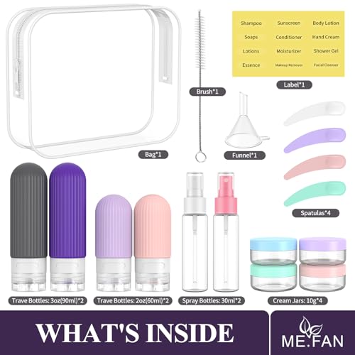 ME.FAN Travel Bottles for Toiletries,18 Pack Silicone Portable Size Bottle, TSA Approved Refillable Cosmetic Container Kits for Conditioner, Shampoo, Lotion,Face Cream - Purple - color: Purple