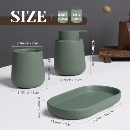 INGOFIN 3 Pcs Ceramic Bathroom Accessory Set - Liquid Soap Dispenser, Toothbrush Holder & Tray, Bathroom Counter Set, Countertop Essentials for Home, Guest Bathroom, or Office Use, Matte Green - style: Liquid-Matte Green