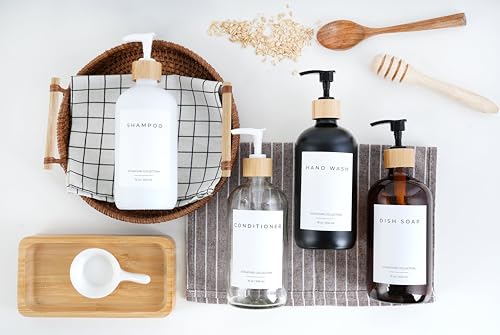 Emerson Glass Soap Dispenser Set - 16 Oz, 2-Pack with Pump and Labels for Kitchen and Bathroom - color: 01 – White / Bamboo Black