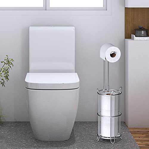 Meangood Toilet Paper Holder Stand and Tissue Paper Roll Dispenser for 4 Mega Rolls, Bathroom Free Standing Tissue Roll Storage Holder Rack, Metal Wire Silver - color: Silver