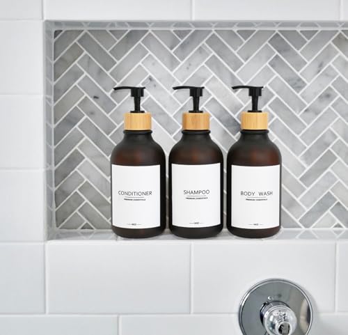 Frosted Plastic Shampoo and Conditioner Bottles, Apothecary Dispenser Bamboo Pump, Refillable Bottles for Shower Lotion, Oil, Hand Soap, Sanitizer, Liquid Soap, Set of 3 with 9 Labels (3, Matte Amber) - color: Matte Amber