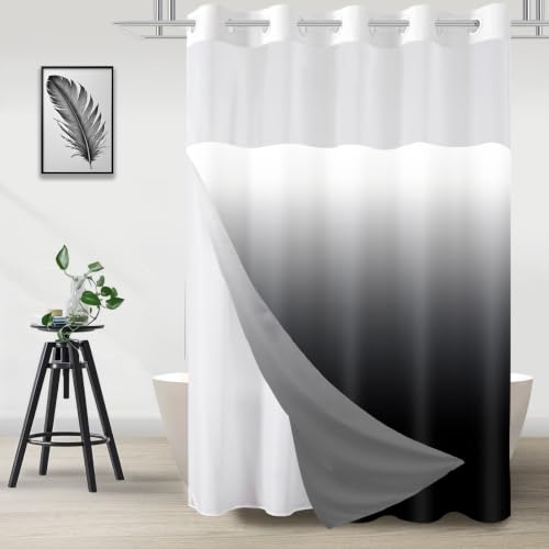 No Hook Shower Curtain with Snap in Liner, Black and White Shower Curtains and Liner Set, Ombre Black Hotel Fabric Bath Curtain for Bathroom, Mesh Top Window Waterproof Washable, 71" x 74" - color: Ombre Black, size: 71"W x 74"L (Pack of 1)