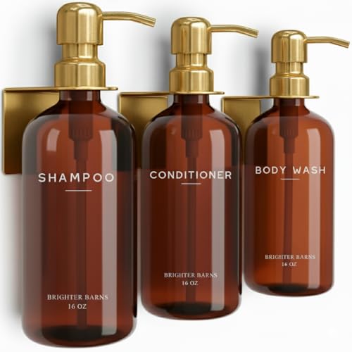 Luxury Shampoo and Conditioner Dispenser Set Wall Mounted by Brighter Barns - Plastic Shower Dispenser Set - 3 Chamber Drill Free Shampoo Bottle - Modern Bathroom Decor for Guest Bathroom (Amber Gold) - color: Amber Gold