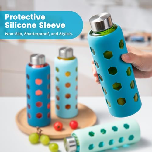 Mrsdry Glass Juice Bottles with Lids and Silicone Sleeves 18 oz, 4-Pack Reusable Clear Glass Water Bottles with Stainless Steel Airtight Cap for Juicing, Refrigerator, BPA Free Leak-Proof Drinking Jar - color: Blue